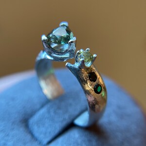 Phone Home-3mm Pallasite Peridot and 6mm Moldavite, Custom, Hand forged Argentium® Silver Ring US SZ 6-9, Adjustable