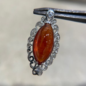 Intense 10.81 Spessartite Garnet Marquise Cabochon Pendant in Sterling Silver with Cubic Zirconia Accents, Natural, Untreated, Gemstone