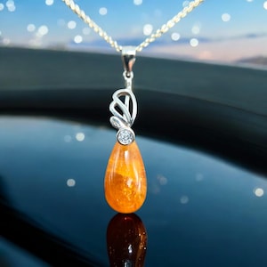 13 Ct Spessartite Garnet Droplet Drilled Cabochon Pendant in Sterling Silver with Cubic Zirconia Accent, Natural, Untreated, Gemstone