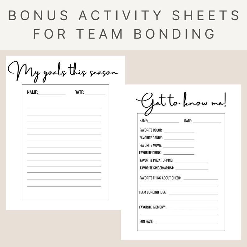 May include: Two printable activity sheets for team bonding. The first sheet is titled "My goals this season" and has lines for writing. The second sheet is titled "Get to know me!" and has lines for writing about favorite things, team bonding ideas, and fun facts.