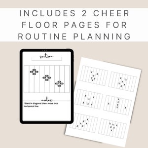 May include: A digital planner page with a cheer floor plan and notes. The page is divided into sections with numbers 1-12 and a section for notes. The notes section includes instructions for using the cheer floor plan. The text "section" and "notes" are written on the page.
