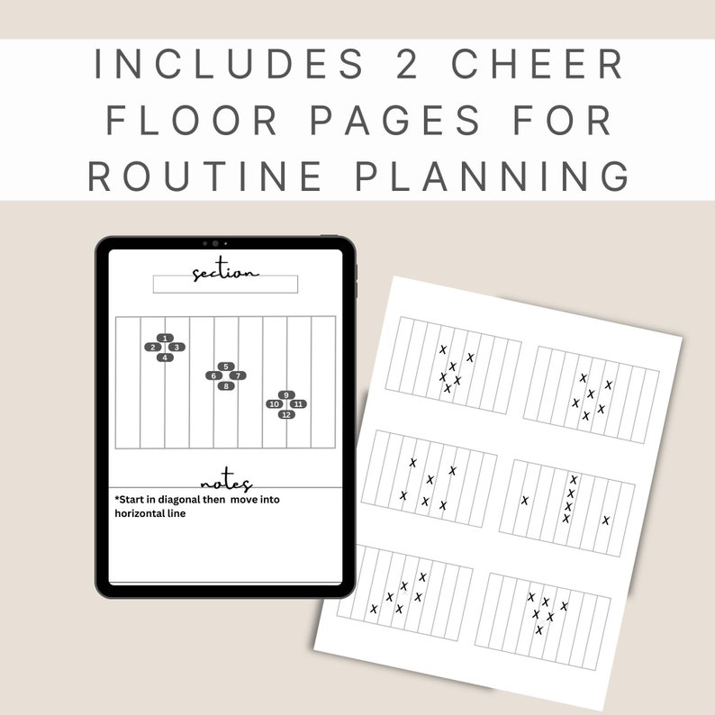May include: A digital planner page with a cheer floor plan and notes. The page is divided into sections with numbers 1-12 and a section for notes. The notes section includes instructions for using the cheer floor plan. The text "section" and "notes" are written on the page.