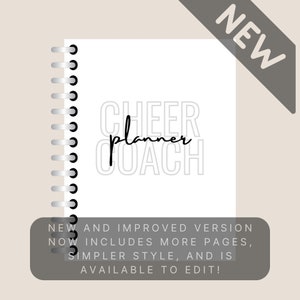 May include: A white spiral bound planner with the text "CHEER planner COACH" in black. The text is layered with a white outline. The planner is new and improved with more pages, a simpler style, and is available to edit.