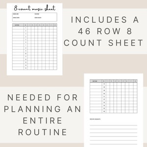 May include: Printable 8-count music sheet template with 46 rows and 8 columns.  The sheet includes sections for school name, school colors, team name, and team mascot.  The sheet also includes a section for specific requests.  The text "8-count music sheet" is written at the top of the sheet.  The text "INCLUDES A 46 ROW 8 COUNT SHEET" is written in large letters on the right side of the sheet.  The text "NEEDED FOR PLANNING AN ENTIRE ROUTINE" is written in large letters on the left side of the sheet.