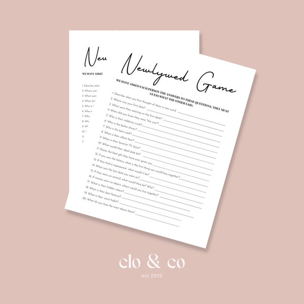 Newlywed Game Card - Modern Minimal Bachelorette Party Game - Printable Hen Party Bridal Shower Game Instant Download Draft