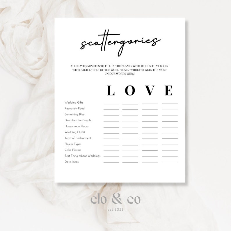 Scattergories Wedding Game Modern Minimal Bachelorette Party Game ...