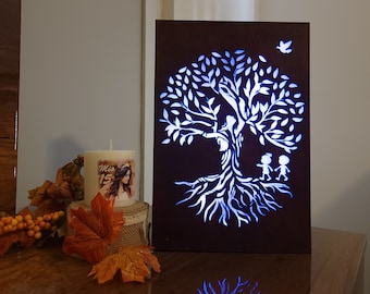 Handmade Tree of Life Lamp: Wooden Family Light, Color Changing
