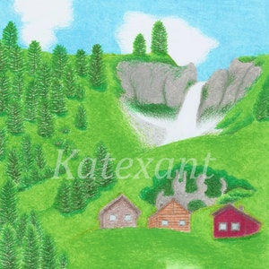 Waterfall - houses - forest - oil pastels and crayons