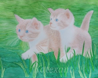 Little cats - watercolor and crayons