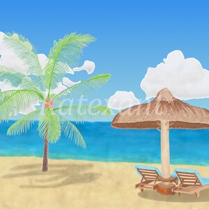 Beach, palm tree, umbrella and deckchairs - plasticine - drawing - graphic program