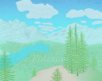 May include: A landscape drawing depicting a mountain range, a river, and evergreen trees. The sky is light blue with white clouds. The foreground shows a grassy area with several green trees. The artwork is signed "Kathlene '23".