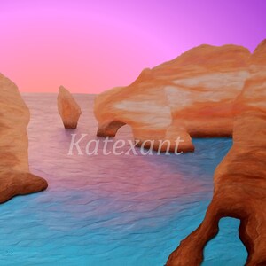 Peut inclure: Une peinture numérique d'un paysage rocheux avec un ciel rose et violet. Les rochers sont bruns et orange et ont des arches et des ouvertures. L'eau est bleue et turquoise.