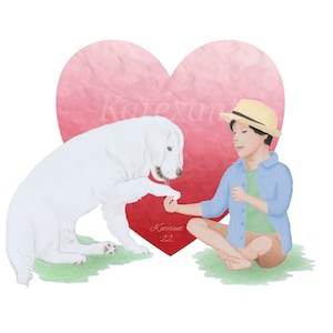 Niño con perro perdiguero y corazón - plastilina, crayones y gráficos - JPG