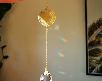 The Suncatcher Mini Moon Necklace - Small sun catcher with moon and rainbow crystal for hanging in the window with a rainbow effect