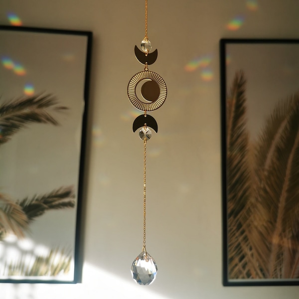 The Suncatcher Mini Moon - Small sun catcher with moon, moon phase and rainbow crystal for hanging in the window with a rainbow effect