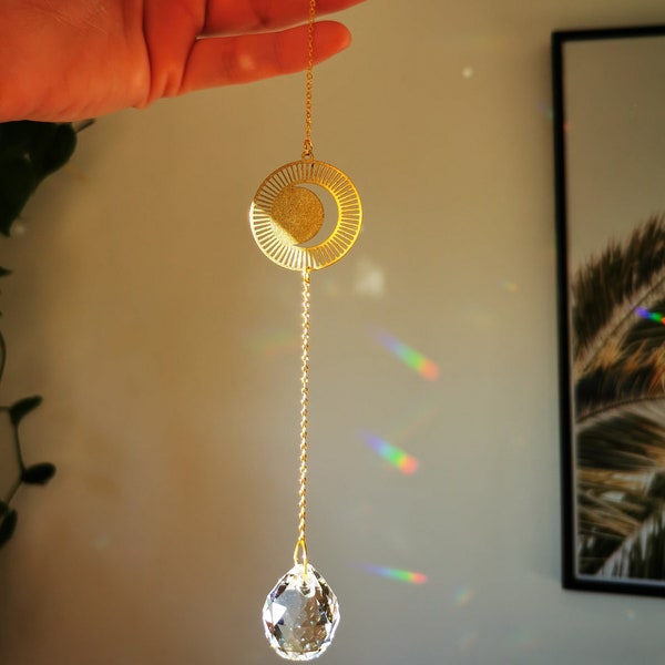 The Suncatcher Mini Moon Necklace - Small sun catcher with moon and rainbow crystal for hanging in the window with a rainbow effect