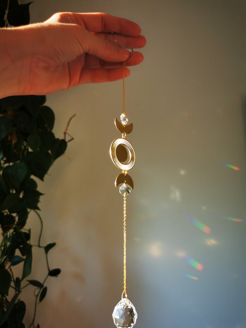 The Suncatcher Mini Moon Small sun catcher with moon, moon phase and rainbow crystal for hanging in the window with a rainbow effect image 7