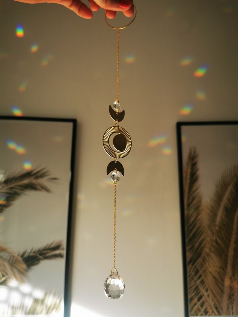 The Suncatcher Mini Moon Small sun catcher with moon, moon phase and rainbow crystal for hanging in the window with a rainbow effect image 3