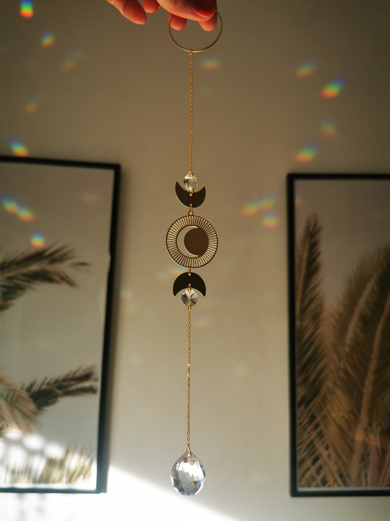 The Suncatcher Mini Moon Small sun catcher with moon, moon phase and rainbow crystal for hanging in the window with a rainbow effect image 1