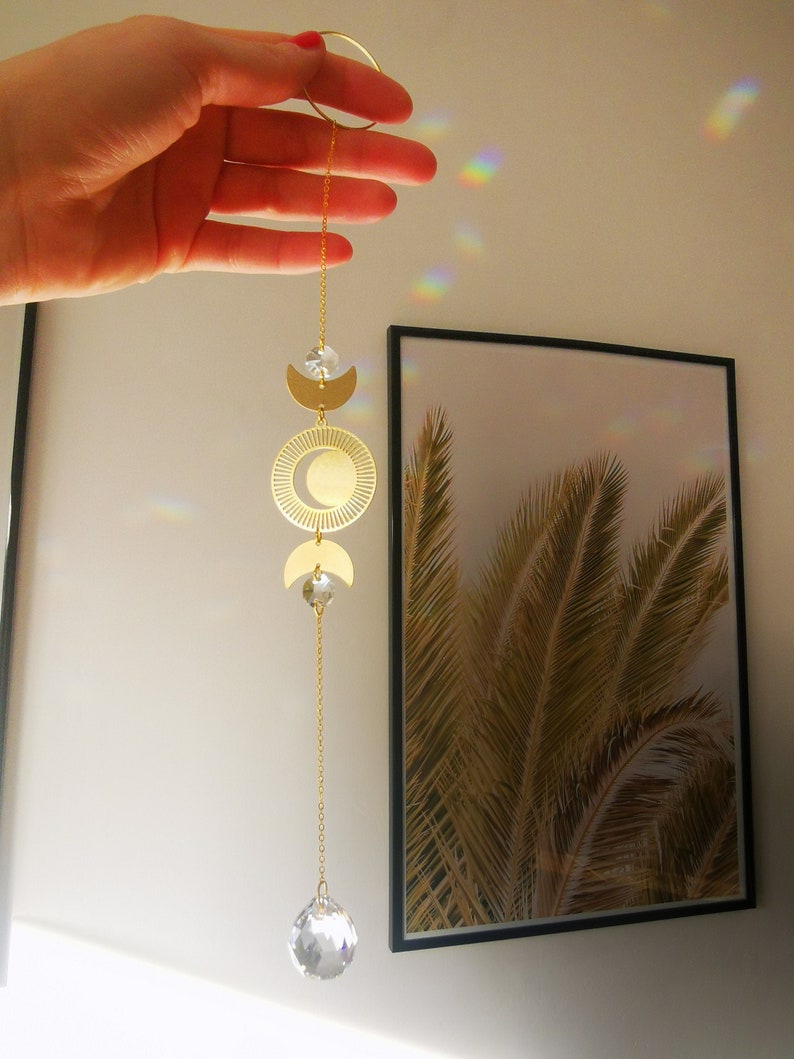 The Suncatcher Mini Moon Small sun catcher with moon, moon phase and rainbow crystal for hanging in the window with a rainbow effect image 4