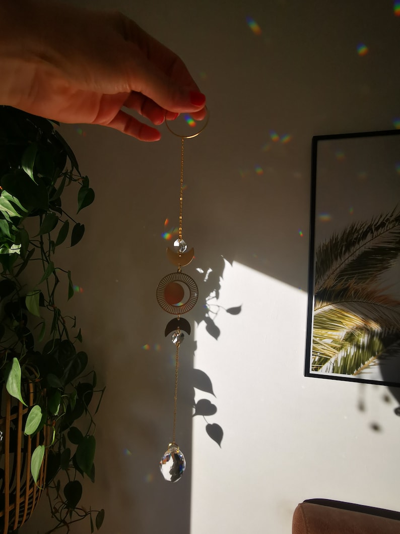 The Suncatcher Mini Moon Small sun catcher with moon, moon phase and rainbow crystal for hanging in the window with a rainbow effect image 6