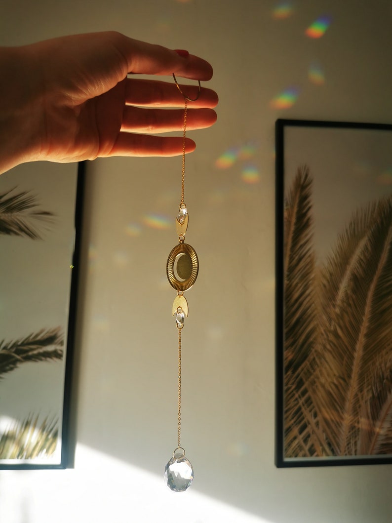 The Suncatcher Mini Moon Small sun catcher with moon, moon phase and rainbow crystal for hanging in the window with a rainbow effect image 2