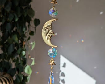 El atrapasoles - Atrapasueños de luna y estrella y cristales arcoíris para colgar en la ventana con efecto arcoíris, con efecto iridiscente