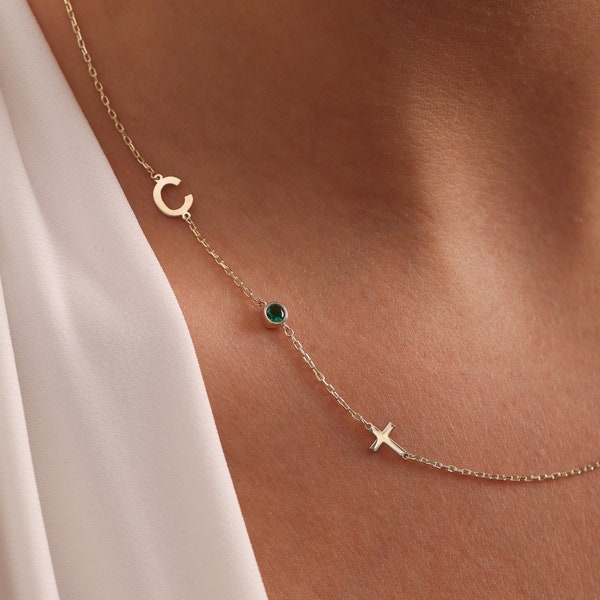 Personalized Sideways Cross Initial Necklace with Birthstone, Birthstone Jewelry, Cross Necklace, Custom Initial Necklace, Gift for Mom