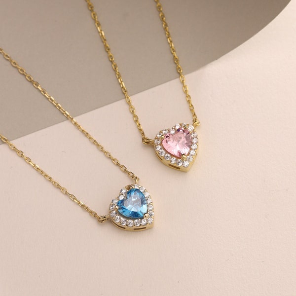 Birthstone Heart Necklace, Diamond Heart Necklace, Tiny Heart Necklace, Mothers Day Gift, Birthstone Jewelry, Gift for Her, Gift for Mom