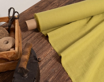 Linen fabric pear green, Softened fabric by the yard or meter, Washed flax fabric