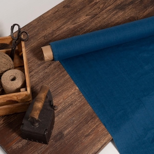 Linen fabric ocean blue, Washed softened flax fabrics, Fabric by the yard or meter
