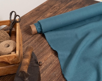 Dark cyan blue linen fabric by yard/meter, Medium weight 100% European linen, Prewashed softened