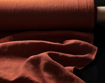 Rust orange linen fabric, Brick brown linen fabric by the yard or meter, Softened flax fabric