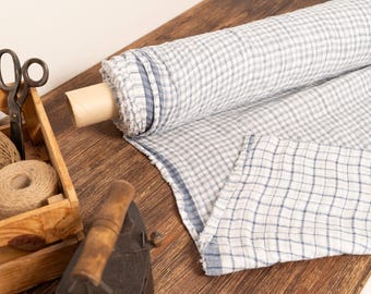 White With Blue Double sided Checks Linen Fabric – Natural Baltic Linen by Yard, Medium Weight for Sewing & Home Decor