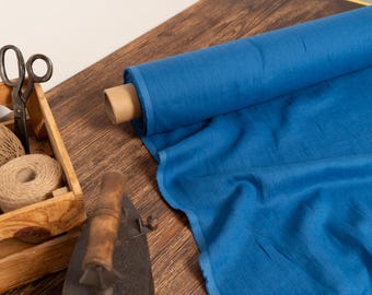 Denim blue lightweight linen fabric, Softened fabric by the yard or meter, Washed flax fabric