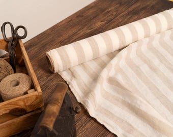 Tissu en lin blanc à rayures naturelles - Lin naturel de la Baltique par mètre, épais pour la couture et la décoration intérieure