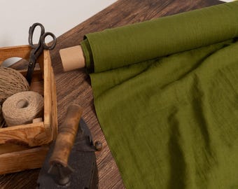 Linen fabric moss green, Softened fabric by the yard or meter, Washed flax fabric