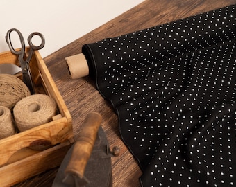 Black With White Dots Linen fabric, Washed softened linen fabric Fabric by the yard or meter