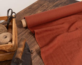 Rust orange linen fabric, Brick brown linen fabric by the yard or meter, Softened flax fabric