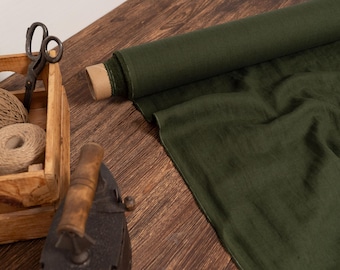 Pine green linen fabric by yard/meter, Medium weight 100% European linen, Prewashed softened