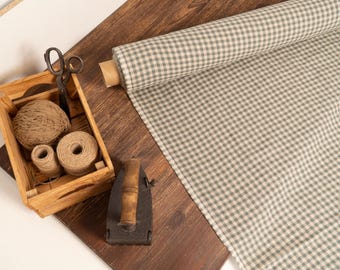 Green Check Linen Fabric – Natural Baltic Linen by Yard, Medium Weight for Sewing & Home Decor
