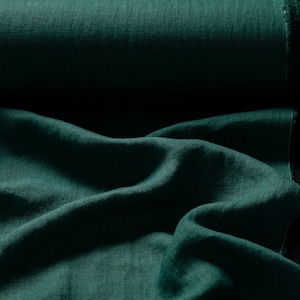 Linen fabric dark forest green, Fabric by the yard or meter, Washed softened flax fabric