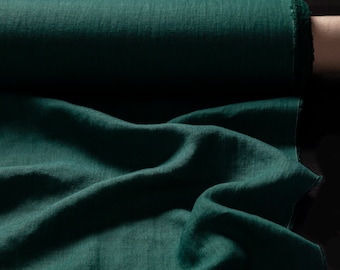 Linen fabric dark forest green, Fabric by the yard or meter, Washed softened flax fabric