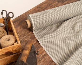 Natural With Green Check Linen Fabric – Natural Baltic Linen by Yard, Medium Weight for Sewing & Home Decor