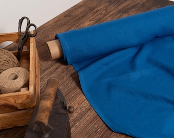 Linen fabric denim blue, Washed softened flax fabrics, Fabric by the yard or meter