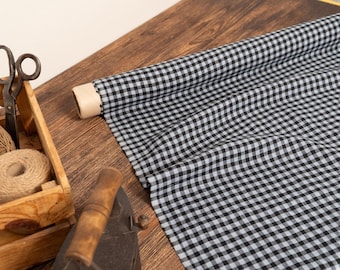 Powder Blue With Black Check Linen Fabric (1X1cm) – Natural Baltic Linen by Yard, Medium Weight for Sewing & Home Decor