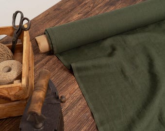 Linen fabric khaki green, Fabric by the yard or meter, Washed softened flax fabric