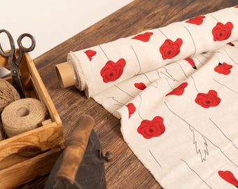 Natural undyed poppy printed linen fabric, Fabric by the yard or meter, Off white washed softened flax fabric