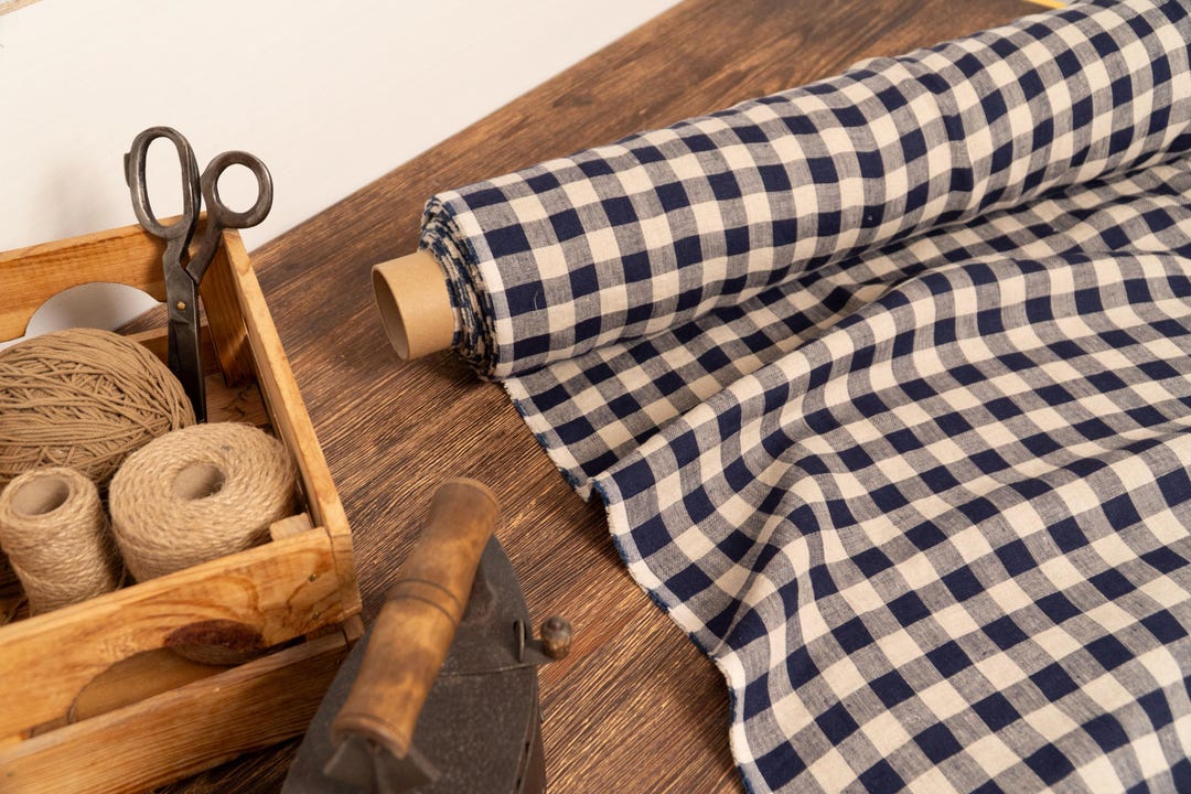 Natural With Blue Check Linen Fabric (2x2cm) – Natural Baltic Linen by ...