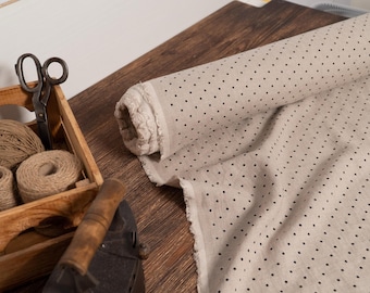 Natural With Black Dots Linen fabric, Washed softened linen fabric Fabric by the yard or meter